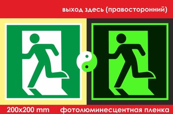 E01-02 выход здесь (правосторонний) (ГОСТ 34428-2018, фотолюминесцентная пленка, 200х200 мм) - Знаки безопасности - Эвакуационные знаки - Магазин охраны труда ohranatruda-shop.ru